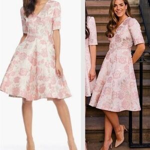 Gal Meets Glam Adair Brocade Floral Pink and Silver A-Line Dress